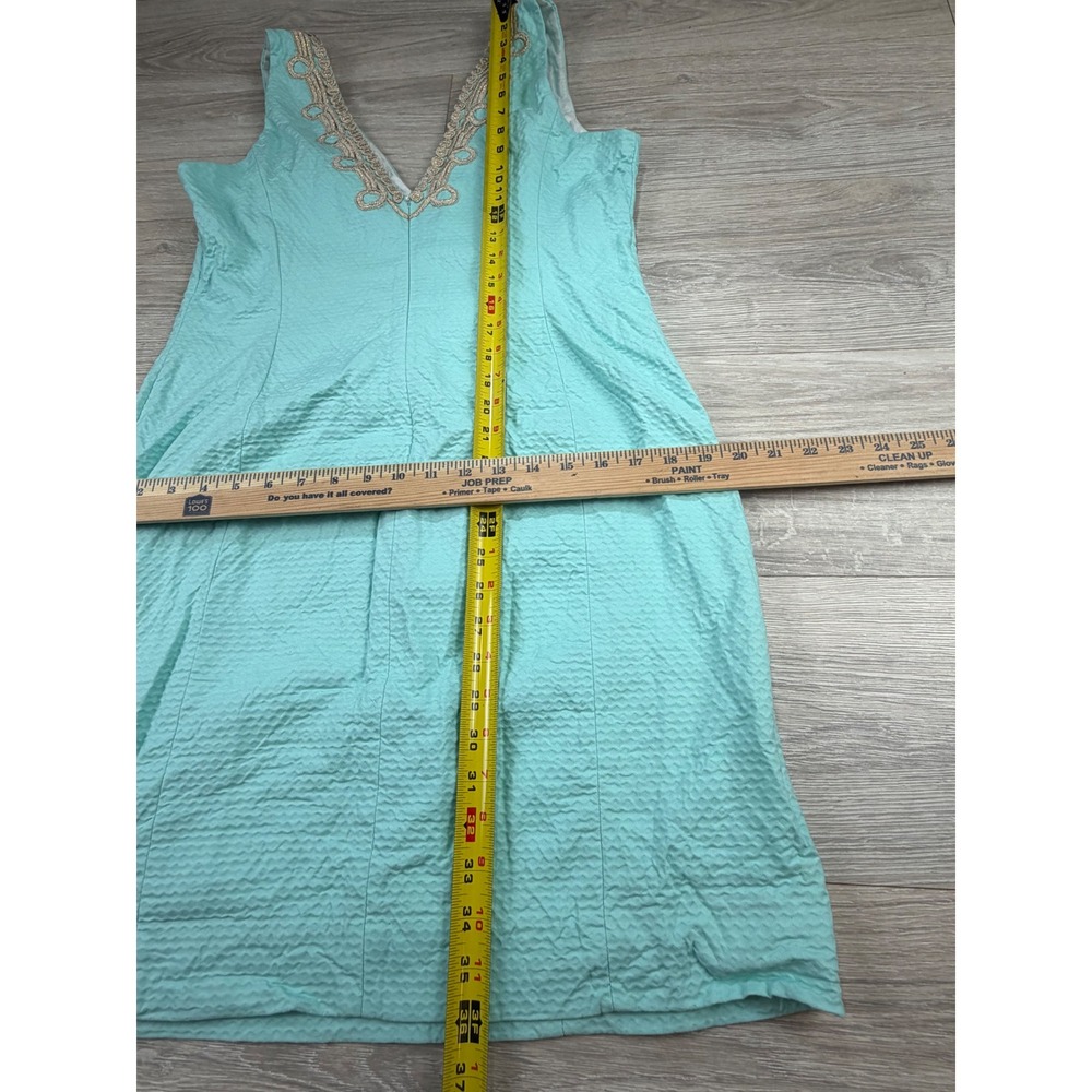 Lilly Pulitzer Aqua Blue Seersucker Gold Soutache V-Neck Shift Dress Womens 14 - Picture 5 of 8
